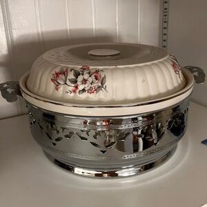 Vintage Forman Family Casserole Dish Chrome Trivet Pink Floral Pattern 2 Qt